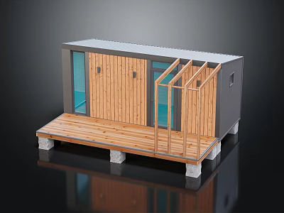Modern Wooden House Design with Wooden Deck Railing Glass Windows and Concrete Pillars 3d model
