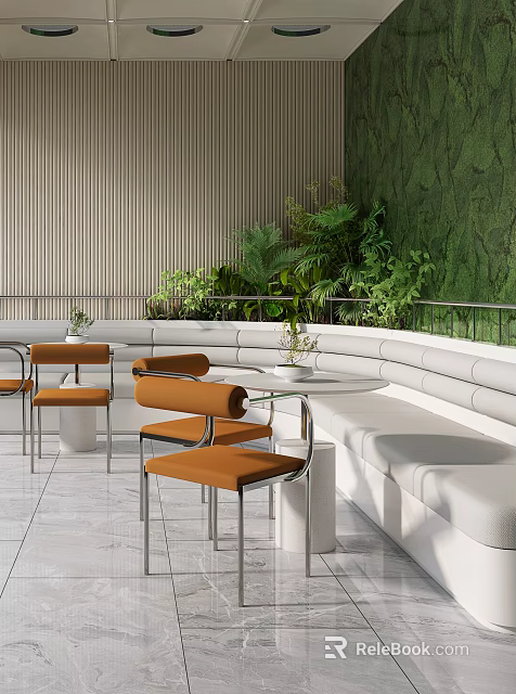 Modern Lounge Area Featuring White Curved Sofa Orange Chairs Round Tables and Green Plant Wall 3d model 