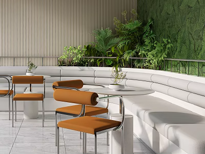 Modern Lounge Area Featuring White Curved Sofa Orange Chairs Round Tables and Green Plant Wall 3d model