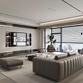 Modern Living Room Interior With Grey Sofa Floor to Ceiling Windows And City View
