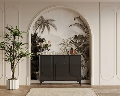 Modern Black Console Table Sideboard with Arched Doorway Tropical Plant Mural and Green Plant 3d model