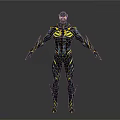 Black And Yellow Superhero In Tight Suit With Glowing Stripes Standing Pose