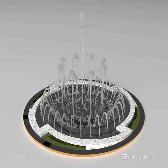 Landscaped Round Water Fountain With White Stone Border And Multiple Water Jets 3d model 