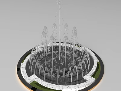 Landscaped Round Water Fountain With White Stone Border And Multiple Water Jets 3d model
