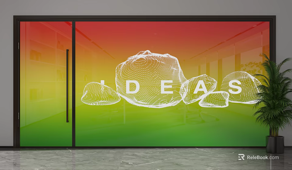 Modern Glass Partition With Red Green Gradient And IDEAS Word Abstract Mesh Graphics In Interior 3d model 