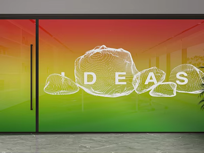Modern Glass Partition With Red Green Gradient And IDEAS Word Abstract Mesh Graphics In Interior 3d model