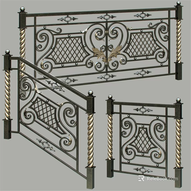 Decorative Staircase With Wrought Iron Railings Intricate Scrollwork Diamond Pattern And Twisted Columns 3d model 