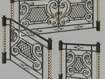 Decorative Staircase With Wrought Iron Railings Intricate Scrollwork Diamond Pattern And Twisted Columns 3d model