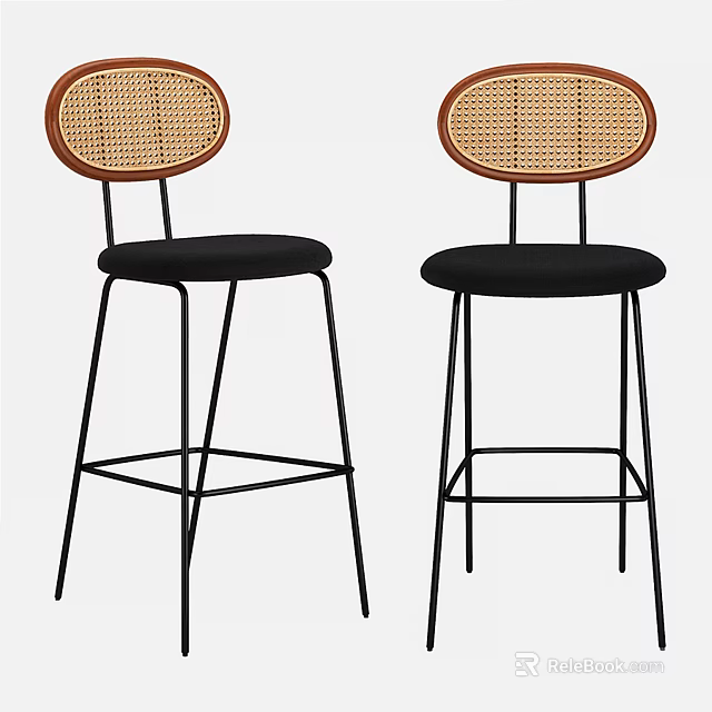 Modern Bar Stools With Rattan Backrest Black Seat And Metal Legs 3d model 