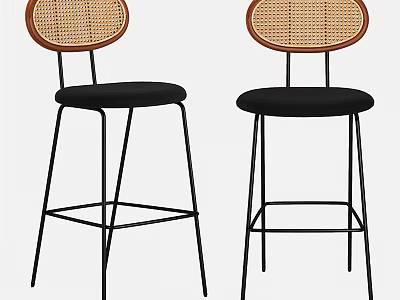 Modern Bar Stools With Rattan Backrest Black Seat And Metal Legs 3d model