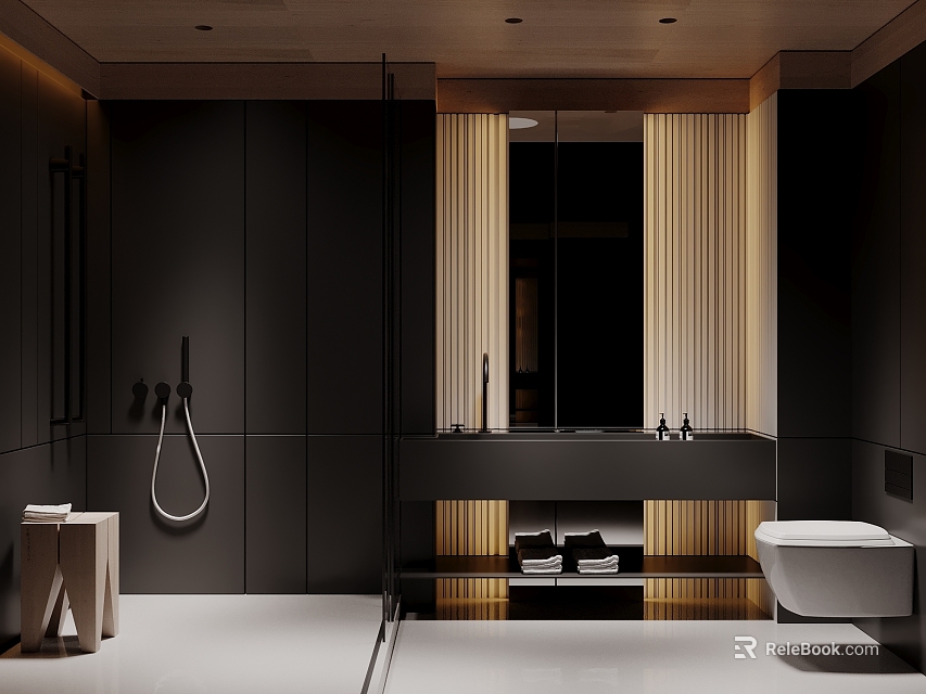 Modern Bathroom Interior Design With Black Walls Large Mirror And Wall Mounted Toilet 3d model 