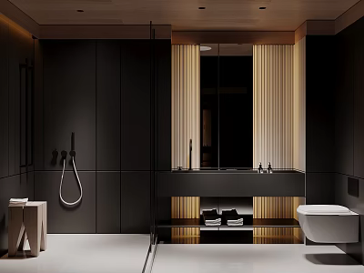 Modern Bathroom Interior Design With Black Walls Large Mirror And Wall Mounted Toilet 3d model