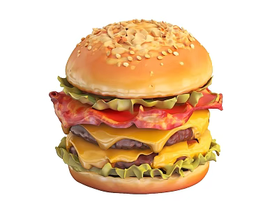 Delicious Juicy Double Patty Burger With Sesame Bun Lettuce Bacon And Cheese 3d model