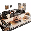 Modern Leather Sofa Coffee Table Set With Pillows Throw Blanket Accent Chair On Patterned Rug 3d model