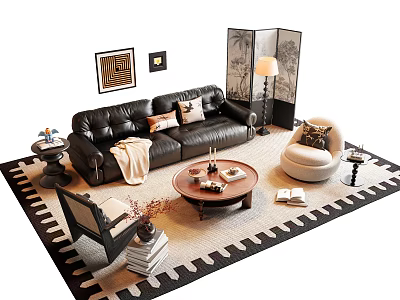 Modern Leather Sofa Coffee Table Set With Pillows Throw Blanket Accent Chair On Patterned Rug 3d model