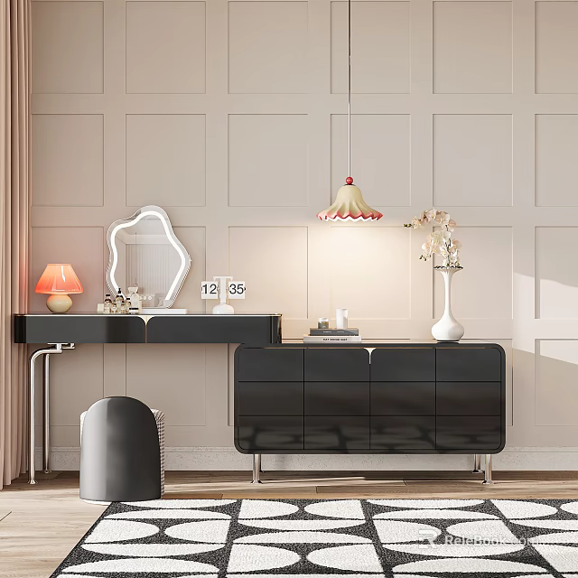 Elegant Black Dressing Table with Mirror Table Lamp and Flower Vase on Light Colored Wall 3d model