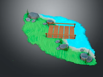 Outdoor Play Equipment With Wooden Plank Walkway Green Grass And Blue Water Area 3d model