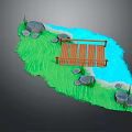 Outdoor Play Equipment With Wooden Plank Walkway Green Grass And Blue Water Area