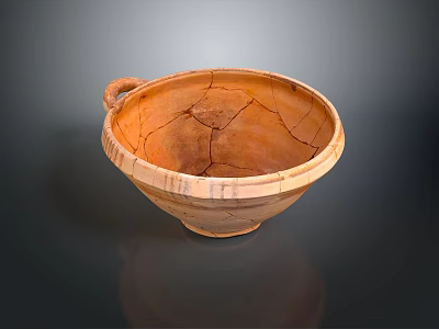 Ancient Handcrafted Clay Bowl Sculpture With Carved Lines Cracks And Handle 3d model