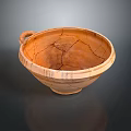 Ancient Handcrafted Clay Bowl Sculpture With Carved Lines Cracks And Handle