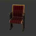 Red Cushioned Stool With Yellow Trim Wooden Armrests And Dark Brown Legs