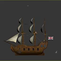Vintage Wooden Sailing Ship Model with Multiple White Sails and British Flag Decoration