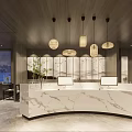 Modern Chinese Style Restaurant Interior With Wooden Ceiling Pendant Lights Marble Flooring And Tables Chairs
