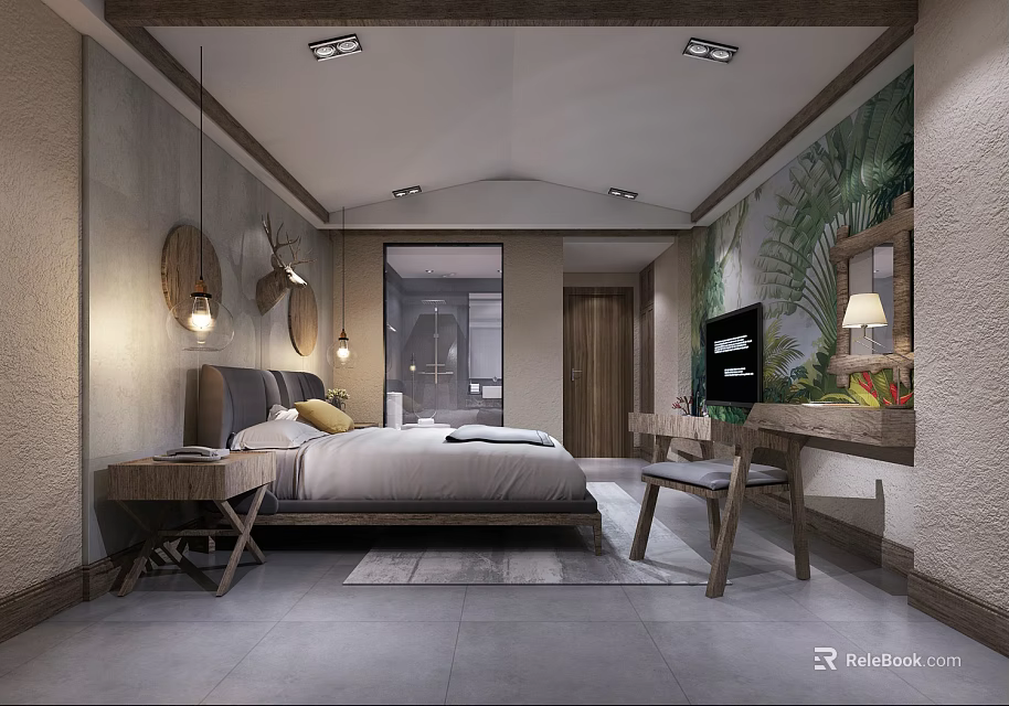 Modern Hotel Room Interior With Natural Mural Bed Nightstand Lamps TV And Desk Chair 3d model 