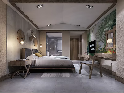 Modern Hotel Room Interior With Natural Mural Bed Nightstand Lamps TV And Desk Chair 3d model