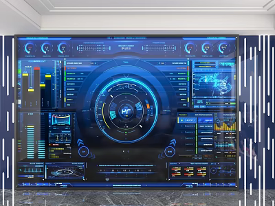 Hi Tech Background Wall With Circular Interface Multiple Dashboards And Digital Data Screens 3d model