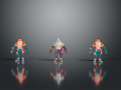 Three Colorful Characters Including Silver Armored Central Figure Orange Hair Green Pants On Reflective Surface 3d model