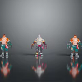 Three Colorful Characters Including Silver Armored Central Figure Orange Hair Green Pants On Reflective Surface