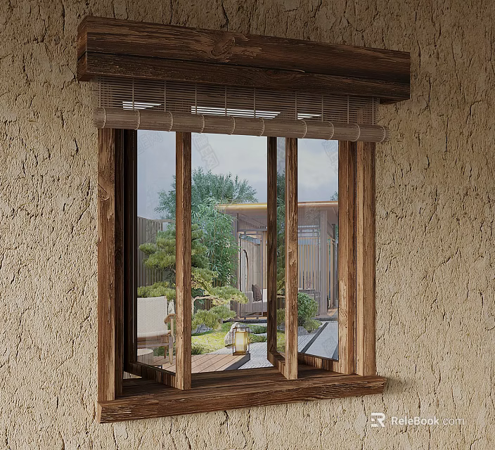 Wooden Window With Natural Light Framing Garden View And Green Plants 3d model 