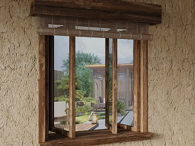 Wooden Window With Natural Light Framing Garden View And Green Plants 3d model