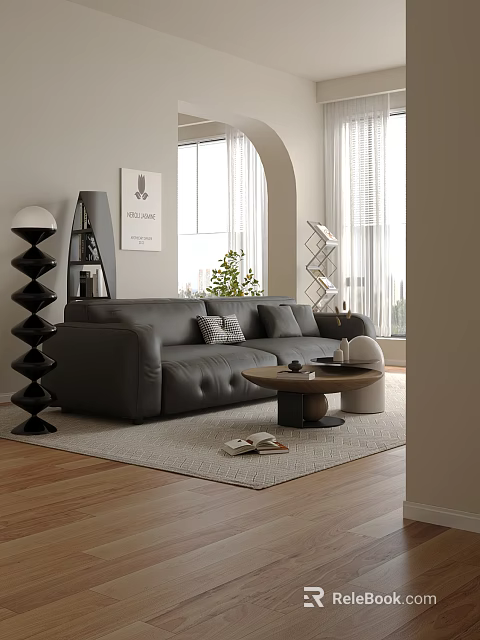 Modern Living Room Interior With Grey Leather Sofa Wooden Coffee Table And Arch Window 3d model 