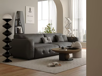 Modern Living Room Interior With Grey Leather Sofa Wooden Coffee Table And Arch Window 3d model