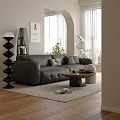 Modern Living Room Interior With Grey Leather Sofa Wooden Coffee Table And Arch Window