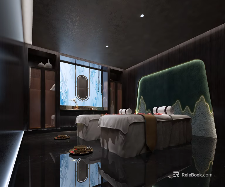 SPA Sauna Interior Design With Relaxing Massage Beds And Mountain Pattern Backdrop 3d model 