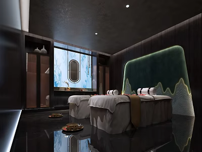 SPA Sauna Interior Design With Relaxing Massage Beds And Mountain Pattern Backdrop 3d model