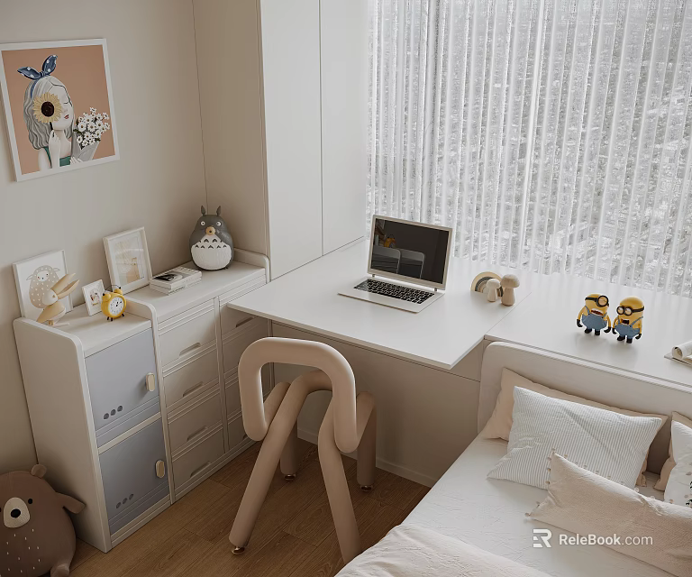 Bright Kids Room With Study Desk Laptop Curved Chair Bed And Minion Toys 3d model 