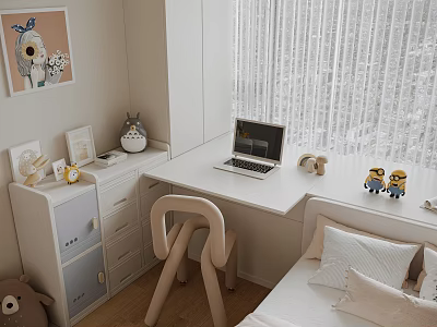 Bright Kids Room With Study Desk Laptop Curved Chair Bed And Minion Toys 3d model