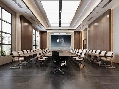 Spacious Modern Conference Room With Long Table White Chairs Wooden Walls And Large Screen 3d model
