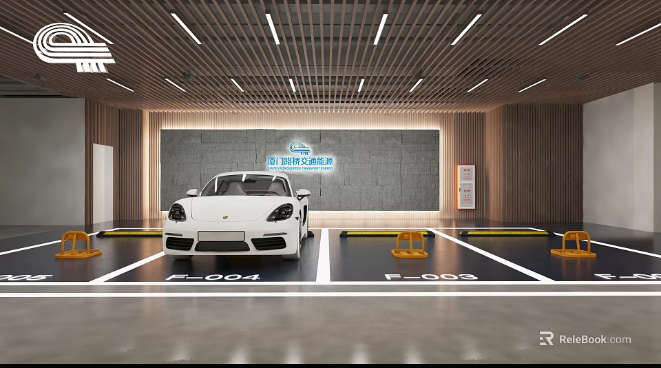 Modern Indoor Parking Garage With White Sports Car Numbered Spaces And Safety Sign 3d model 