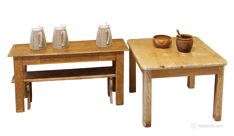 Wooden Table And Shelf Set With Patterned Jars Bowl And Mortar 3d model 
