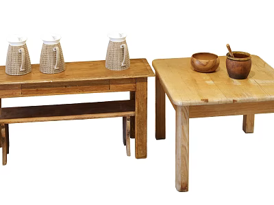 Wooden Table And Shelf Set With Patterned Jars Bowl And Mortar 3d model