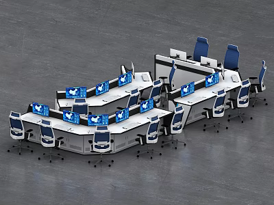 Modern Office Area With Multiple White Desks Blue Chairs And Computers 3d model