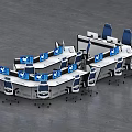 Modern Office Area With Multiple White Desks Blue Chairs And Computers 3d model