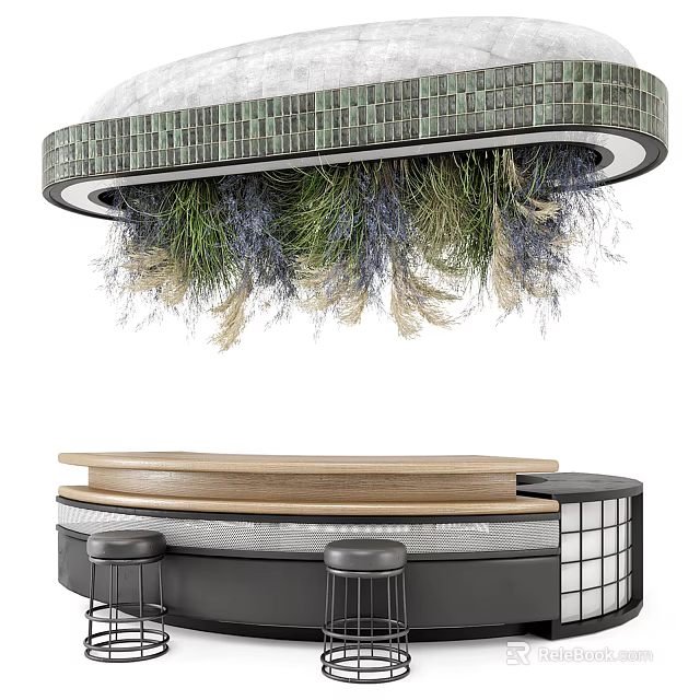 Modern Bar Counter With Wooden Top Black Stools And Hanging Green Plants 3d model 