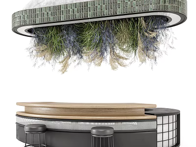 Modern Bar Counter With Wooden Top Black Stools And Hanging Green Plants 3d model
