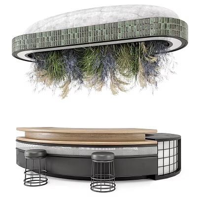 Modern Bar Counter With Wooden Top Black Stools And Hanging Green Plants 3d model